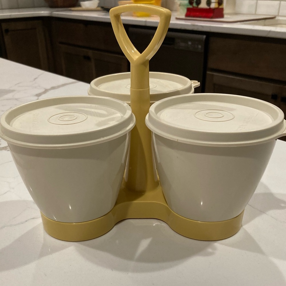 Vintage Tupperware Condiment 3 Container Serving Set Harvest Gold Almond Color